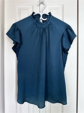 RW&CO. Teal Ruffle Neck Flutter Sleeve Blouse